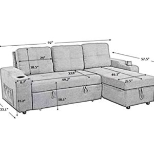 Cotoala L-Shape Sectional Sofa with Pull-Out Bed and Storage Space, Right Chaise Longue Convertible Sleeper Couch w/ 2 Cup Holders & Side Pockets, for Living Room, Apartment, 92", Gray