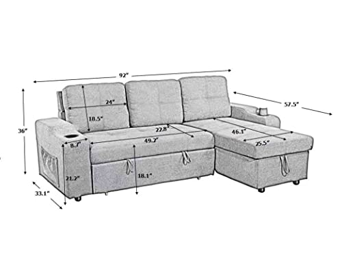 Cotoala L-Shape Sectional Sofa with Pull-Out Bed and Storage Space, Right Chaise Longue Convertible Sleeper Couch w/ 2 Cup Holders & Side Pockets, for Living Room, Apartment, 92", Gray