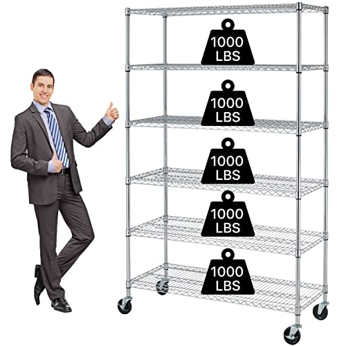 NiamVelo 6000Lbs Capacity Heavy Duty Shelving, 6 Tier Wire Shelving Unit on Wheels, NSF Certified Adjustable Storage Shelves Rack for Garage Pantry Basement (18"x 48"x 76", Black) (Chrome)