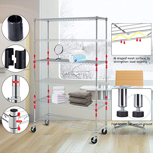 NiamVelo 6000Lbs Capacity Heavy Duty Shelving, 6 Tier Wire Shelving Unit on Wheels, NSF Certified Adjustable Storage Shelves Rack for Garage Pantry Basement (18"x 48"x 76", Black) (Chrome)