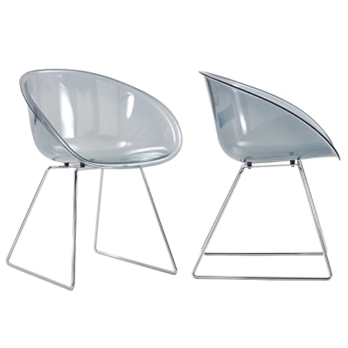 Acrylic Dining Chairs Set of 2, Transparent Shell and Metal Legs Plastic Side Chairs for Kitchen and Dining Room, Living Room (Grey)