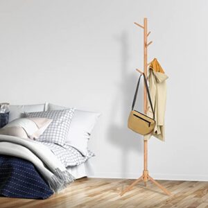 EuroBird Sturdy Wooden Coat Rack Freestanding - Adjustable Coat Rack Stand with 4 Sections & 8 Hooks, Easy Assembly Coat Tree for Coats, Hats, Purse, Entryway, Hallway, Bedroom, Office, etc