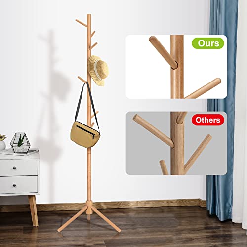 EuroBird Sturdy Wooden Coat Rack Freestanding - Adjustable Coat Rack Stand with 4 Sections & 8 Hooks, Easy Assembly Coat Tree for Coats, Hats, Purse, Entryway, Hallway, Bedroom, Office, etc