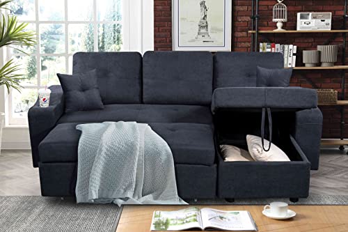 Cotoala L-Shape Sectional Sofa with Pull-Out Bed and Storage Space, Right Convertible Sleeper Couch w/Chaise Longue, 2 Cup Holders & Side Pockets, for Living Room, Apartment, 92", Dark Gray