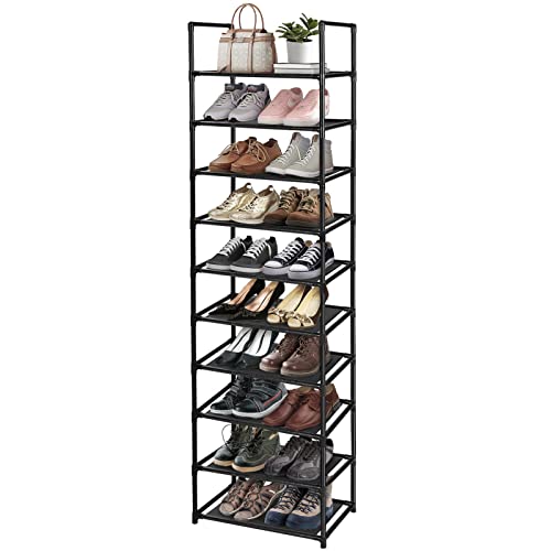 10 Tiers Shoe Rack, 20 Pairs Tall Shoe Storage Organizer Stackable Narrow Metal Stand Shelf for Closet Entryway Hallway, Black