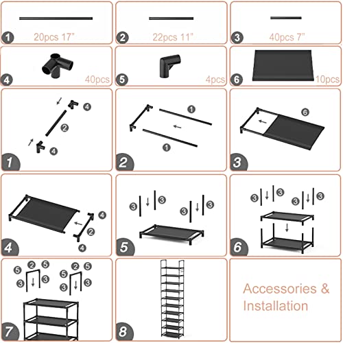 10 Tiers Shoe Rack, 20 Pairs Tall Shoe Storage Organizer Stackable Narrow Metal Stand Shelf for Closet Entryway Hallway, Black