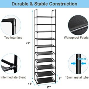 10 Tiers Shoe Rack, 20 Pairs Tall Shoe Storage Organizer Stackable Narrow Metal Stand Shelf for Closet Entryway Hallway, Black