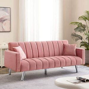 lamerge sofa bed, modern convertible sleeper sofa bed with 2 pillows, wooden frame and metal legs, small folding sofa couch for living room, bedroom, compact spaces - pink