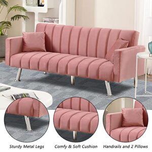 Lamerge Sofa Bed, Modern Convertible Sleeper Sofa Bed with 2 Pillows, Wooden Frame and Metal Legs, Small Folding Sofa Couch for Living Room, Bedroom, Compact Spaces - Pink