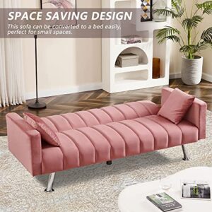 Lamerge Sofa Bed, Modern Convertible Sleeper Sofa Bed with 2 Pillows, Wooden Frame and Metal Legs, Small Folding Sofa Couch for Living Room, Bedroom, Compact Spaces - Pink