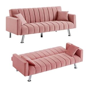 Lamerge Sofa Bed, Modern Convertible Sleeper Sofa Bed with 2 Pillows, Wooden Frame and Metal Legs, Small Folding Sofa Couch for Living Room, Bedroom, Compact Spaces - Pink