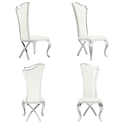 ACEDÉCOR Dining Chairs, White Leather Upholstered Dining Chairs Set of 4, Modern Gorgeous Streamlined High Back Chair with Silver Mirror Curved and X-Shaped Metal Legs