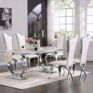 ACEDÉCOR Dining Chairs, White Leather Upholstered Dining Chairs Set of 4, Modern Gorgeous Streamlined High Back Chair with Silver Mirror Curved and X-Shaped Metal Legs