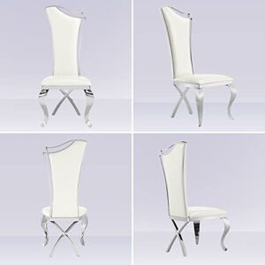 ACEDÉCOR Dining Chairs, White Leather Upholstered Dining Chairs Set of 4, Modern Gorgeous Streamlined High Back Chair with Silver Mirror Curved and X-Shaped Metal Legs