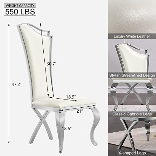 ACEDÉCOR Dining Chairs, White Leather Upholstered Dining Chairs Set of 4, Modern Gorgeous Streamlined High Back Chair with Silver Mirror Curved and X-Shaped Metal Legs