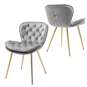 kinffict modern velvet dining chairs set of 2, upholstered kitchen chair, mid century dinner chair with golden metal ring, comfy accent chair for dining room, living room, vanity room, grey