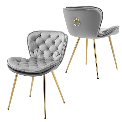 KINFFICT Modern Velvet Dining Chairs Set of 2, Upholstered Kitchen Chair, Mid Century Dinner Chair with Golden Metal Ring, Comfy Accent Chair for Dining Room, Living Room, Vanity Room, Grey