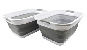 sammart 36l (9.5 gallon) collapsible plastic laundry basket - foldable pop up storage container/organizer - portable washing tub - space saving hamper/basket (white/grey (set of 2))