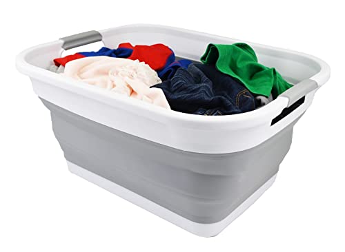 SAMMART 36L (9.5 gallon) Collapsible Plastic Laundry Basket - Foldable Pop Up Storage Container/Organizer - Portable Washing Tub - Space Saving Hamper/Basket (White/Grey (Set of 2))