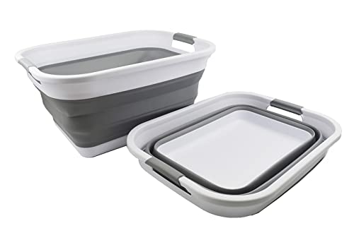 SAMMART 36L (9.5 gallon) Collapsible Plastic Laundry Basket - Foldable Pop Up Storage Container/Organizer - Portable Washing Tub - Space Saving Hamper/Basket (White/Grey (Set of 2))