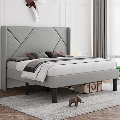 Feonase Queen Size Platform Bed Frame with Wingback, Geometric Upholstered Bed Frame with Fabric Headboard, Solid Wooden Slats, No Box Spring Needed, Easy Assembly, Noise-Free, Light Gray