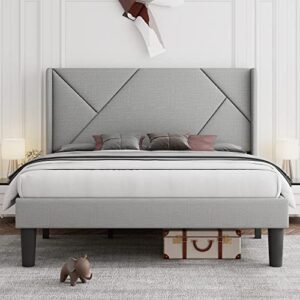 feonase queen size platform bed frame with wingback, geometric upholstered bed frame with fabric headboard, solid wooden slats, no box spring needed, easy assembly, noise-free, light gray