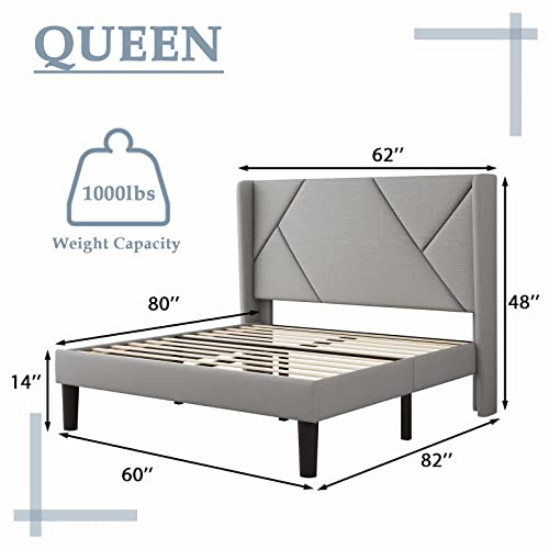 Feonase Queen Size Platform Bed Frame with Wingback, Geometric Upholstered Bed Frame with Fabric Headboard, Solid Wooden Slats, No Box Spring Needed, Easy Assembly, Noise-Free, Light Gray