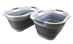 sammart 30l (7.9 gallon) collapsible plastic laundry basket - foldable pop up storage container/organizer - portable washing tub - space saving hamper/basket (grey/dark grey (set of 2))