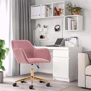 velvet desk chair height adjustable - modern office chair vanity chair for makeup room, soft upholstered office chair accent chairs with wheels, pink velvet chair swivel chairs for living room bedroom