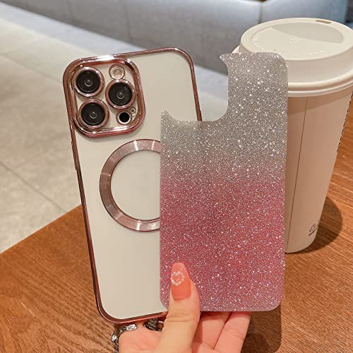 HYUEKOKO Compatible with iPhone 13 Pro Max Magnetic Gardient Glitter Case, Plating Bling Cute Case with MagSafe for Women Girls Full Camera Protector Back Cover for iPhone 13 Pro Max 6.7'' Pink