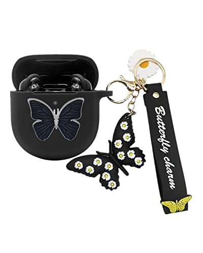 Case for Bose QuietComfort Earbuds II 2022, Cute Cartoon Butterfly Charm Soft Silicone Skin Women Girls Men Protective with Fun Cool Keychain for Bose Earbuds ii Case (Black)