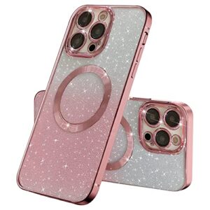 hyuekoko compatible with iphone 14 pro max magnetic gardient glitter case, plating bling cute case with magsafe for women girls full camera protector back cover for iphone 14 pro max 6.7'' pink