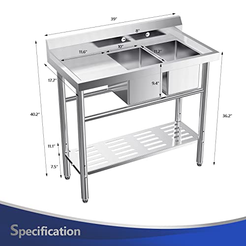 VINGLI 39" W 2 Compartment Commercial Sink with Drainboard, Double Basin Sink and A Shelf Underneath, 304 Stainless Steel Table with Sink, Freestanding Utility Sink and Countertop for Restaurant, Shop