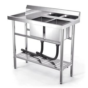 VINGLI 39" W 2 Compartment Commercial Sink with Drainboard, Double Basin Sink and A Shelf Underneath, 304 Stainless Steel Table with Sink, Freestanding Utility Sink and Countertop for Restaurant, Shop