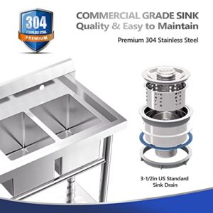 VINGLI 39" W 2 Compartment Commercial Sink with Drainboard, Double Basin Sink and A Shelf Underneath, 304 Stainless Steel Table with Sink, Freestanding Utility Sink and Countertop for Restaurant, Shop