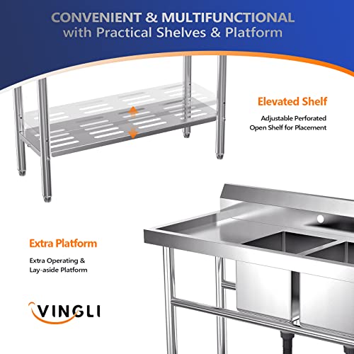 VINGLI 39" W 2 Compartment Commercial Sink with Drainboard, Double Basin Sink and A Shelf Underneath, 304 Stainless Steel Table with Sink, Freestanding Utility Sink and Countertop for Restaurant, Shop