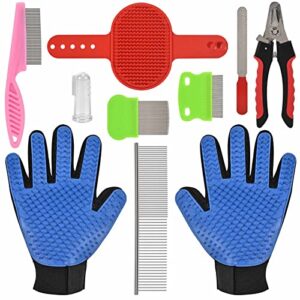 10 pieces pet grooming brush and combs set, pet grooming gloves, 2-in-1 steel combs for dogs and cats, metal flea comb for cats, dog nail trimmer, dog finger toothbrush