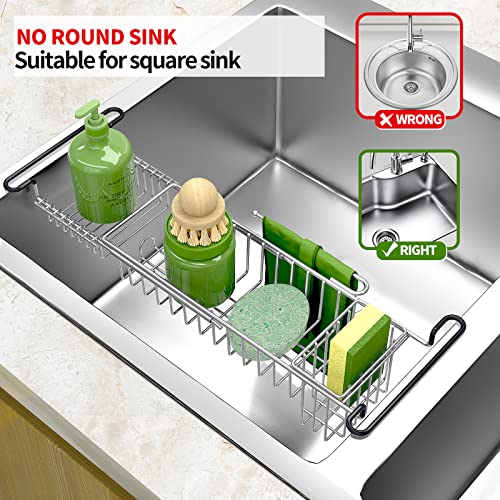 susunnus Stainless Steel Telescopic Sink Storage Rack Holder Expandable Sink Rack Caddy Sponge Holder for Kitchen Sink Hanging Sink Rack for top of Sink,Sliver