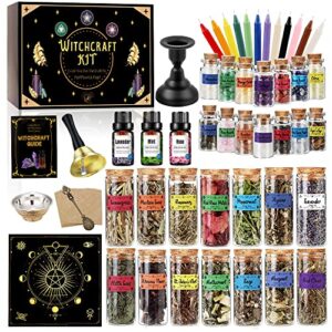 cikuco witchcraft supplies kit for witch spells,61pcs witch stuff,wiccan supplies and tools,including herbs for witchcraft,crystals and healing stones,spell candles,wiccan starter kit