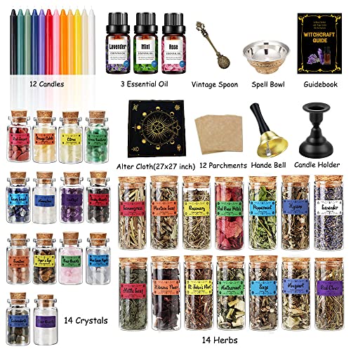 Cikuco Witchcraft Supplies Kit for Witch Spells,61PCS Witch Stuff,Wiccan Supplies and Tools,Including Herbs for Witchcraft,Crystals and Healing Stones,Spell Candles,Wiccan Starter Kit