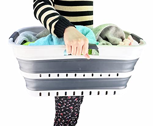 SAMMART 21L (5.5 gallon) Super Mini Collapsible 3 Handled Plastic Basket - Foldable Pop Up Storage Container/Organizer - Space Saving Hamper/Basket (White/Grey)