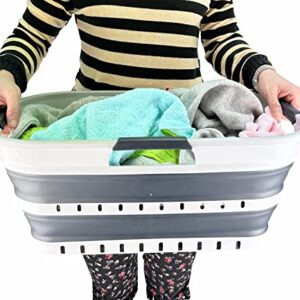 SAMMART 21L (5.5 gallon) Super Mini Collapsible 3 Handled Plastic Basket - Foldable Pop Up Storage Container/Organizer - Space Saving Hamper/Basket (White/Grey)