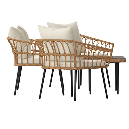 Flash Furniture Evin Boho 4 Piece Patio Conversation Set - Natural Rope Rattan - Cream All-Weather Cushions - Tempered Glass Top Coffee Table - Indoor/Outdoor