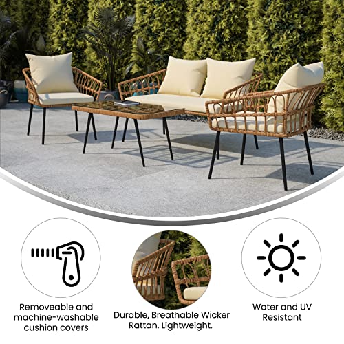 Flash Furniture Evin Boho 4 Piece Patio Conversation Set - Natural Rope Rattan - Cream All-Weather Cushions - Tempered Glass Top Coffee Table - Indoor/Outdoor