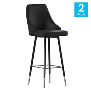 Flash Furniture Shelly Set of 2 Commercial Bar Height Bar Stools - Black LeatherSoft Upholstery - Black Metal Frames - 30" High - Chrome Feet and Footrests