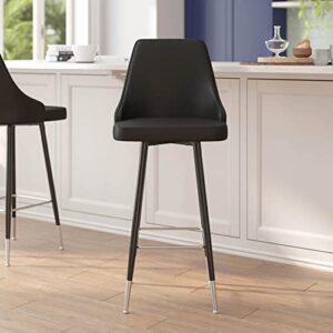 Flash Furniture Shelly Set of 2 Commercial Bar Height Bar Stools - Black LeatherSoft Upholstery - Black Metal Frames - 30" High - Chrome Feet and Footrests