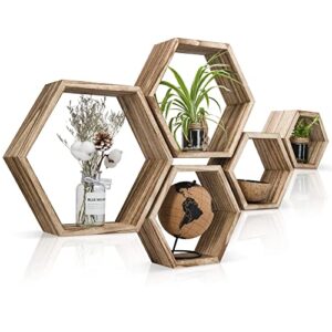 topshelf hexagon shelves - 5-piece decorative hexagon wall shelves - wooden honeycomb floating storage for small decorations, trinkets - nail reinforced for durability - rustic farmhouse wall decor
