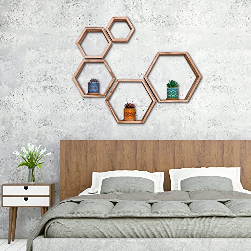 Topshelf Hexagon Shelves - 5-Piece Decorative Hexagon Wall Shelves - Wooden Honeycomb Floating Storage for Small Decorations, Trinkets - Nail Reinforced for Durability - Rustic Farmhouse Wall Decor