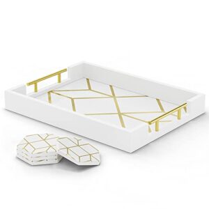 olive and oak homeware coffee table tray – white and gold ottoman tray – wooden ottoman coffee table tray with coasters – elegant and refined serving tray with handles 1.9 x 15.7 x 11.8 (bright white)