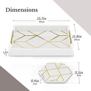 Olive and Oak Homeware Coffee Table Tray – White and Gold Ottoman Tray – Wooden Ottoman Coffee Table Tray with Coasters – Elegant and Refined Serving Tray with Handles 1.9 x 15.7 x 11.8 (Bright White)